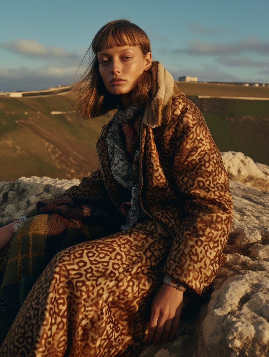 Portrait of a woman in a leopard-print coat in golden light on a cliff